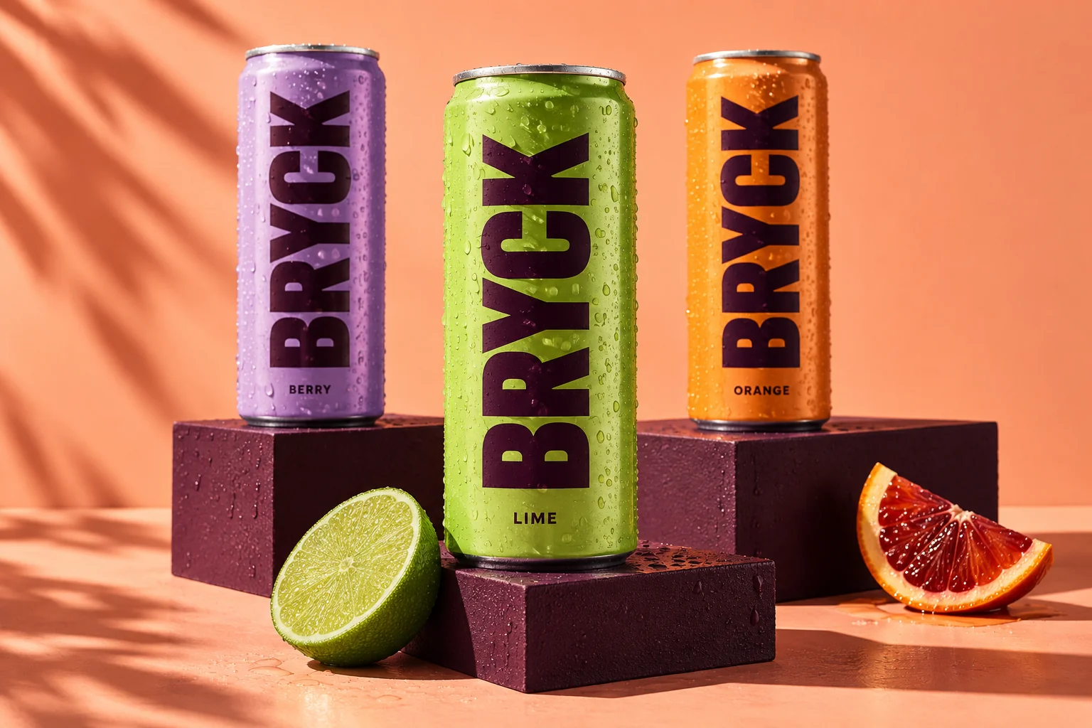 BRYCK Craft Soda: limettengrüne, lilafarbene und orangefarbene Dosen mit frischen Früchten.