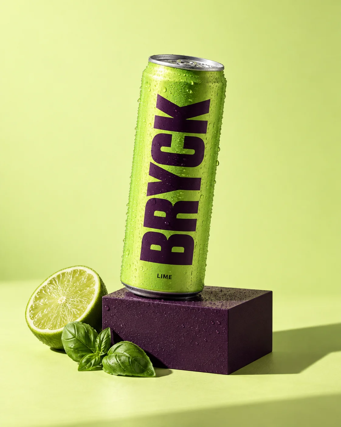Eine limettengrüne BRYCK-Dose mit Limette und Basilikum.