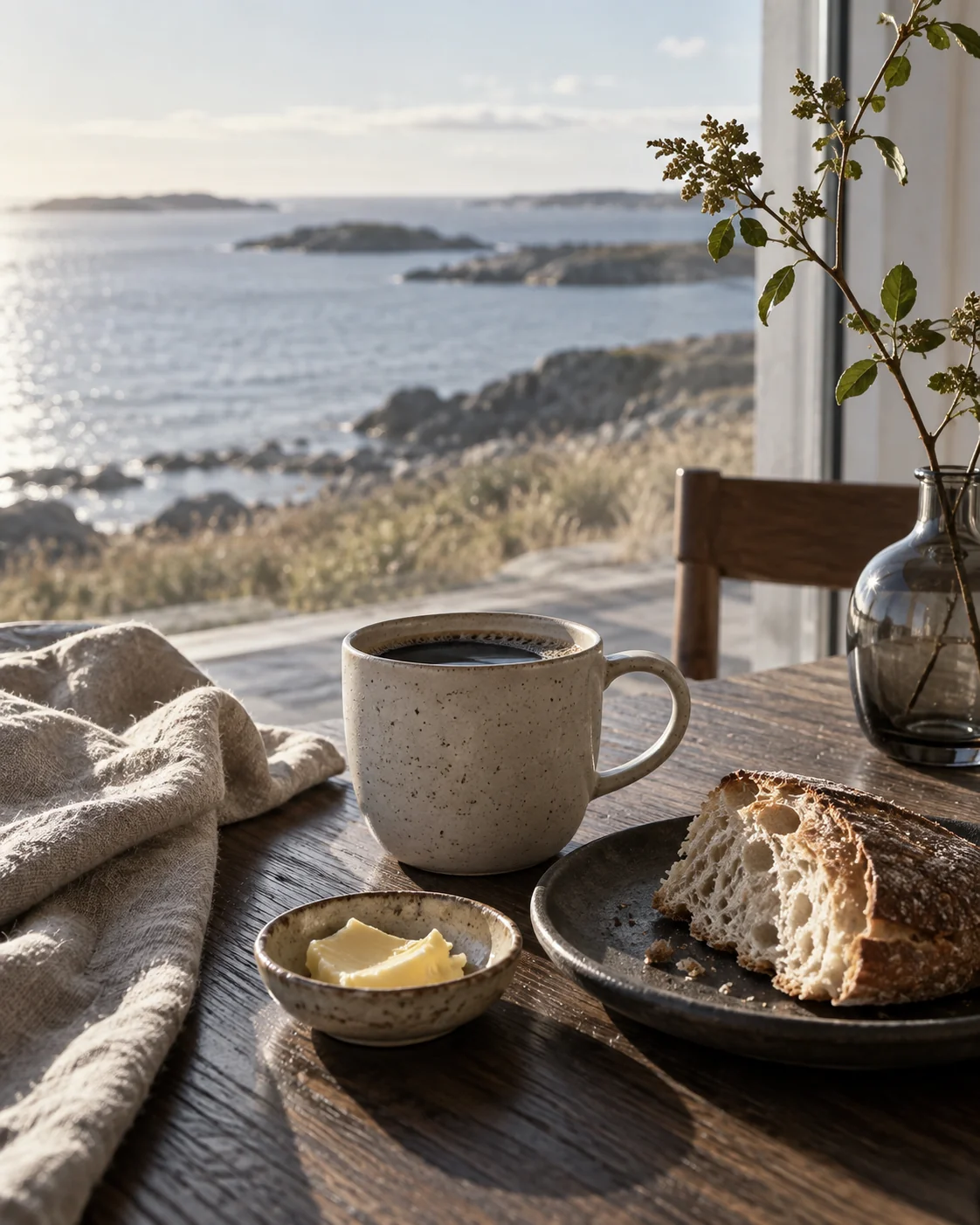 Handgemachte Keramik, Sauerteigbrot und Kaffee im weichen Morgenlicht am Meer.