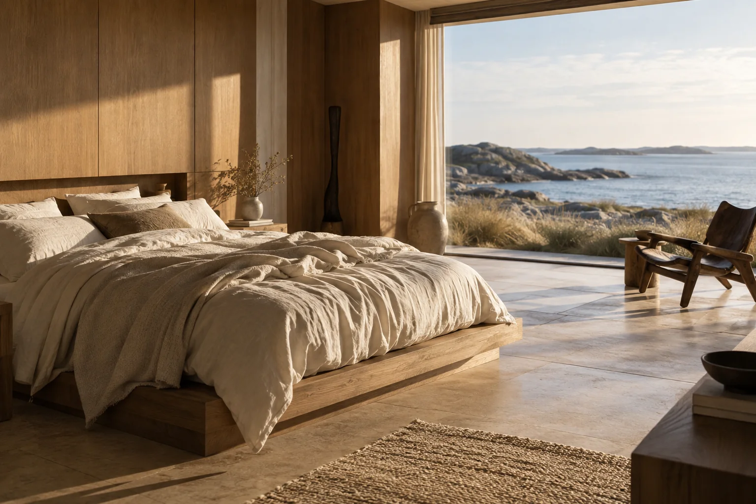 Dune Suite mit Leinenbett, hellem Holz und weitem Blick auf das Wasser.