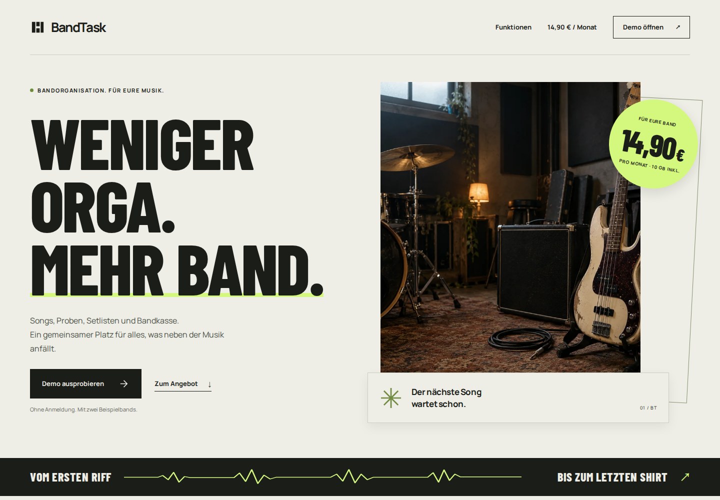 Die neue BandTask-Website: Proberaum, Bandorganisation und Angebot für die ganze Band.