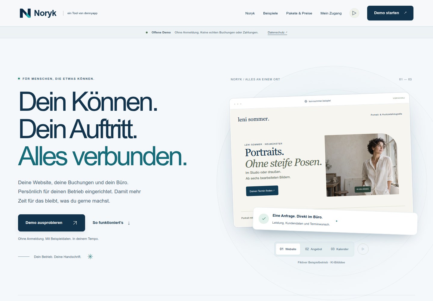 Echte Projektansicht: Noryk mit Website, Buchung und Büro für kleine Dienstleistungsbetriebe.